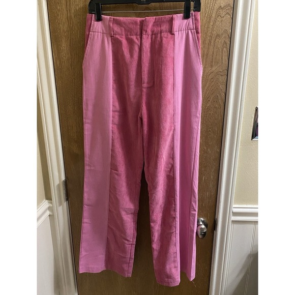 Corduroy Panel Straight Leg Two Tone Pants Bubblegum Pink High Waist Retro Sz M - Picture 1 of 12